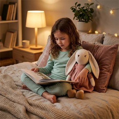 peluche pour enfant avec fille qui lit avant de dormir