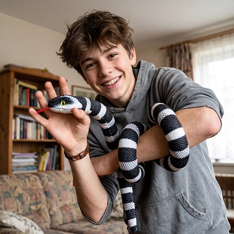 Peluche serpent noir et blanc autour d'un bras d'un garçon 