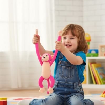 Peluche singe rose dans les mains d'un enfant