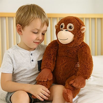Peluche singe assis sur les genoux d'un jeune garçon