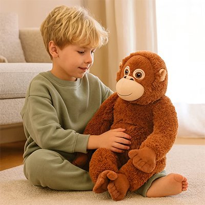Peluche singe et un petit garçon