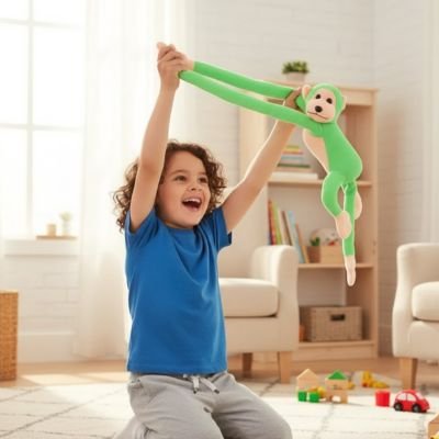 Peluche singe vert dans les mains d'un garçon
