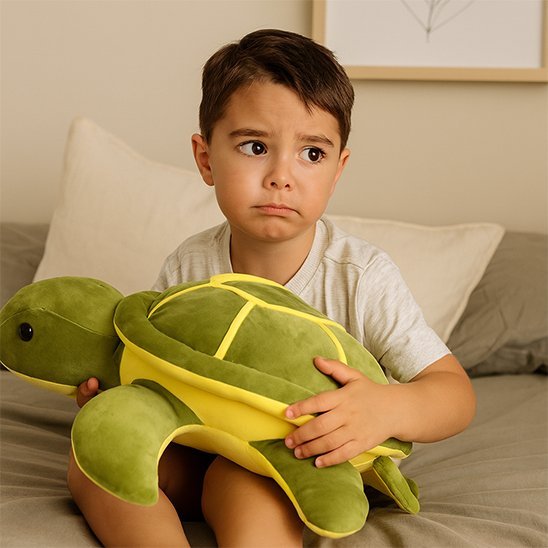 peluche tortue sur genoux garçon triste