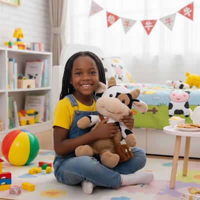 Peluche vache avec jeune fille assis