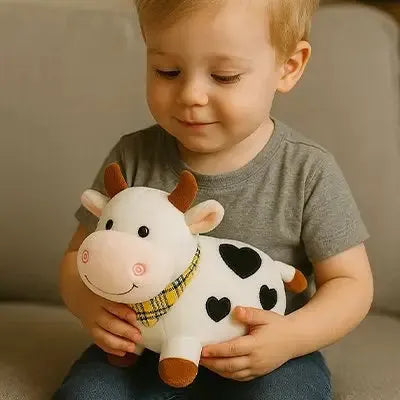 Peluche vache blanc dans les mains d'un petit garçon