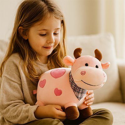 Peluche vache rose avec une jeune fille assis