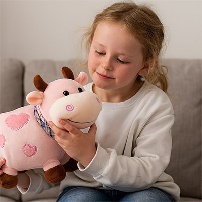Peluche vache rose avec fillette sur le canapé