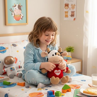 Peluche vache sur le lit avec une jeune fille