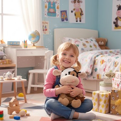 Peluche vache sur une jeune fille assis au sol