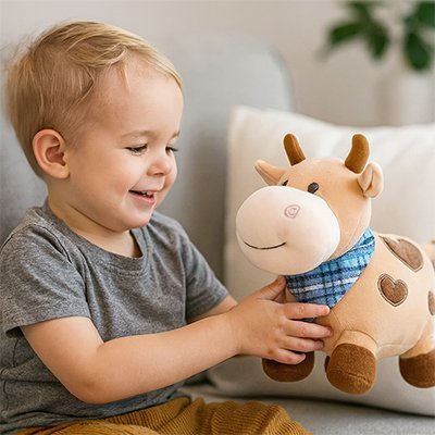 Peluche vache brun dans les mains d'un garçon souriant