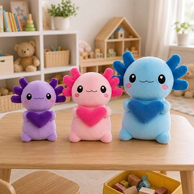Peluchetrois variantes couleurs et formats axolotl en peluche
