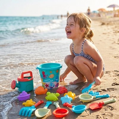 petite fille joue sur plage avec ces jouets