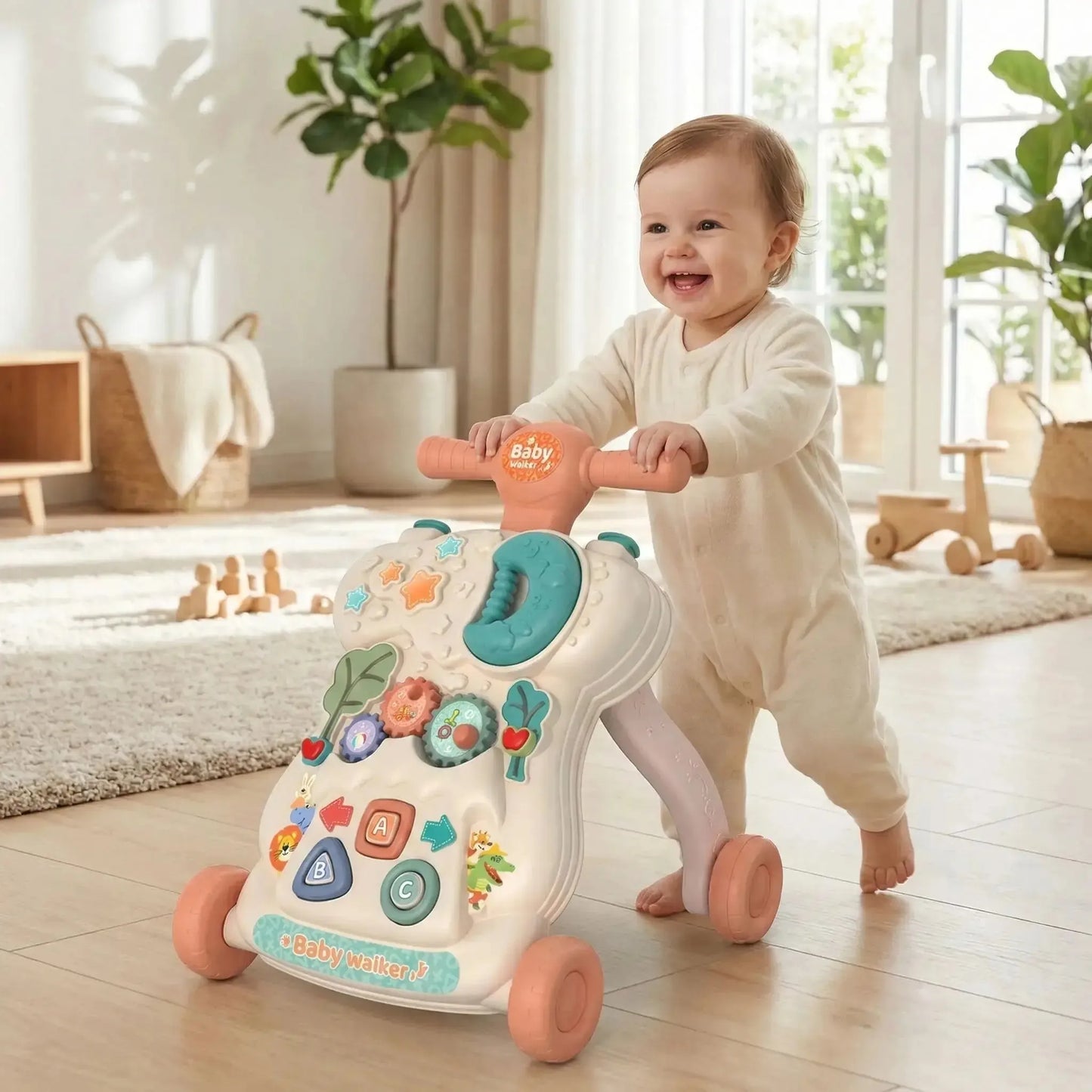 Enfant curieux découvre marche avec jouet interactif.