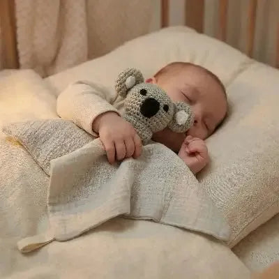 Premier doudou koala, Cadeau naissance douceur en cours d'utilisation