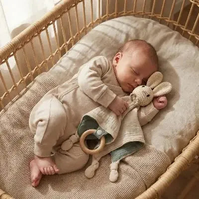 Premier doudou lapin, Cadeau naissance douceur en cours d'utilisation