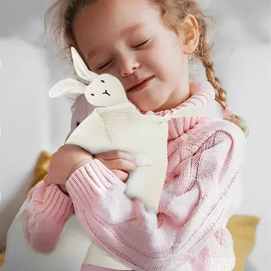 Premier doudou lapin, Cadeau naissance douceur en cours d'utilisation