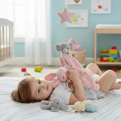Premier doudou lapin, Cadeau naissance douceur en cours d'utilisation