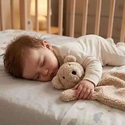 Premier doudou ours, Cadeau naissance douceur en cours d'utilisation