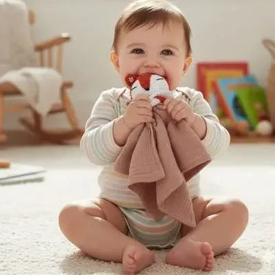 Premier doudou renard, Cadeau naissance douceur en cours d'utilisation