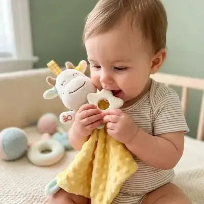 Premier doudou vache, Cadeau naissance douceur en cours d'utilisation