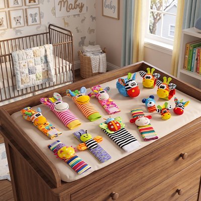 hochet pour bébé coloré sur table à langer en bois