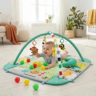 Enfant explore un espace ludique avec jouets suspendus colorés