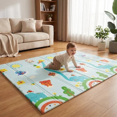 Enfant explorant le tapis bébé motricité libre à quattre pattes