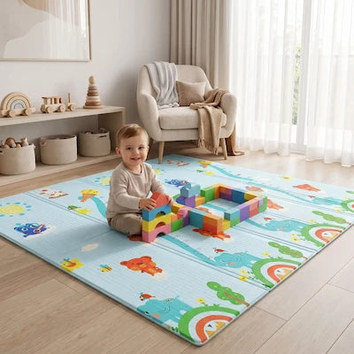 garçon assis sur le tapis bébé motricité libre avec ses blocs