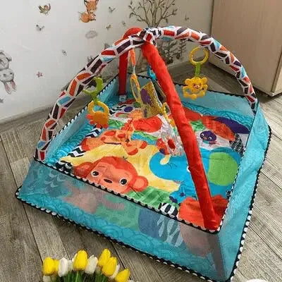 Tapis d'éveil bébé, bleu avec jouets suspendu
