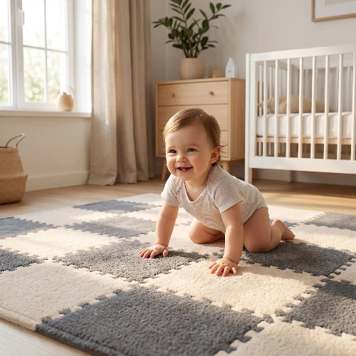 Enfant explore sol doux dans chambre lumineuse.