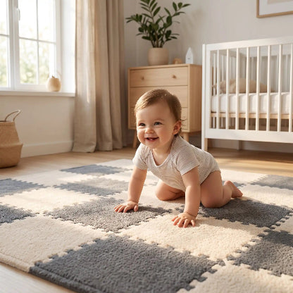 Enfant explore sol doux dans chambre lumineuse.