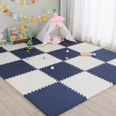 Tapis de motricité bébé, blanc bleu fonce