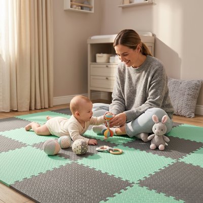 tapis mousse puzzle bébé joue avec sa mère
