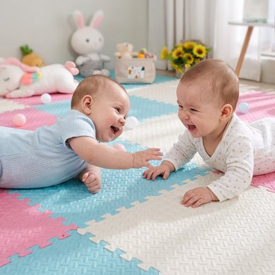 Bébés rient ensemble sur surface colorée et moelleuse