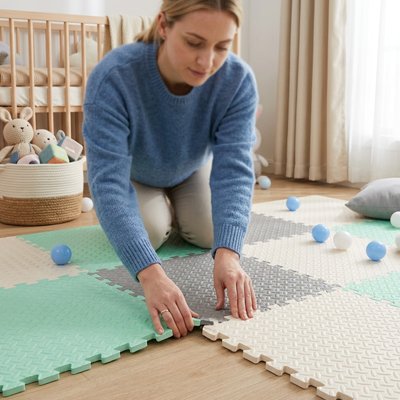 Mise en place de dalles colorées pour aire de jeu.