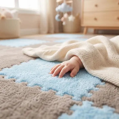 Bébé profite du confort thermique d'un tapis bleu gris