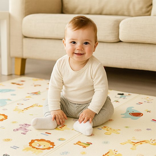 tapis sol bébé motricité libre garçon souriant assis