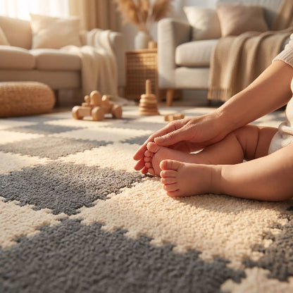 Enfant assis sur surface modulable moelleuse, jouets bois nearby