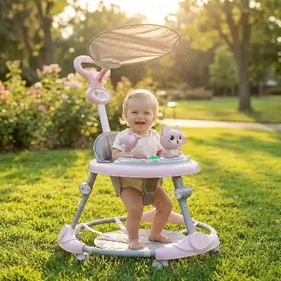 Trotteur bébé avec fille assise dehors dans le foin