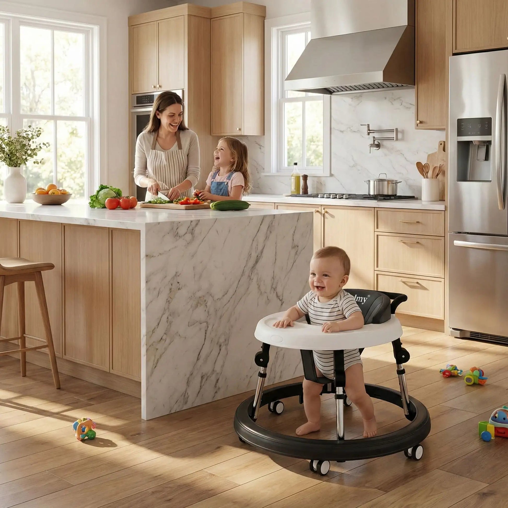 TROTTEUR BEBE dans la cuisine avec sa mère et sa soeur