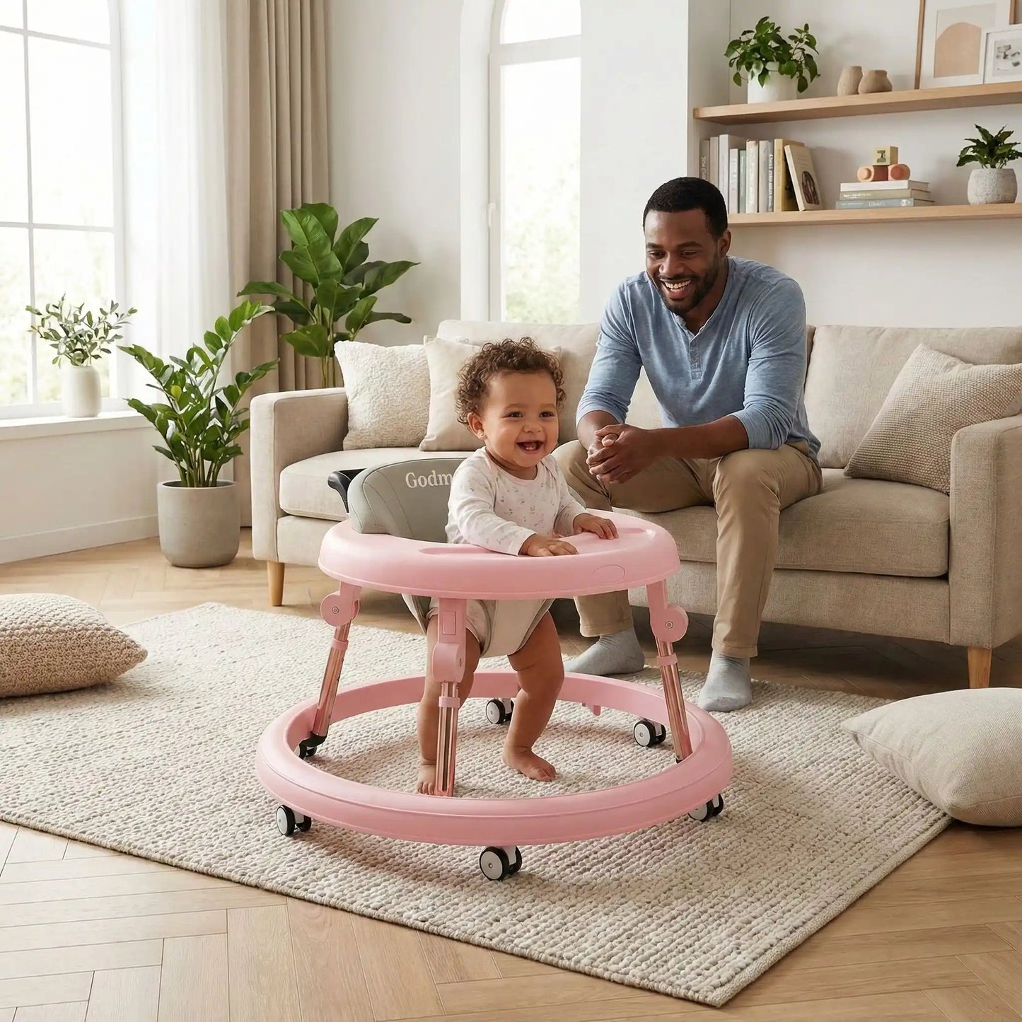 TROTTEUR BEBE dans le salon debout avec papa