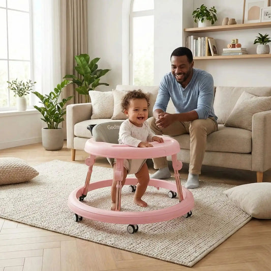 Trotteur bébé, dans le salon debout avec papa