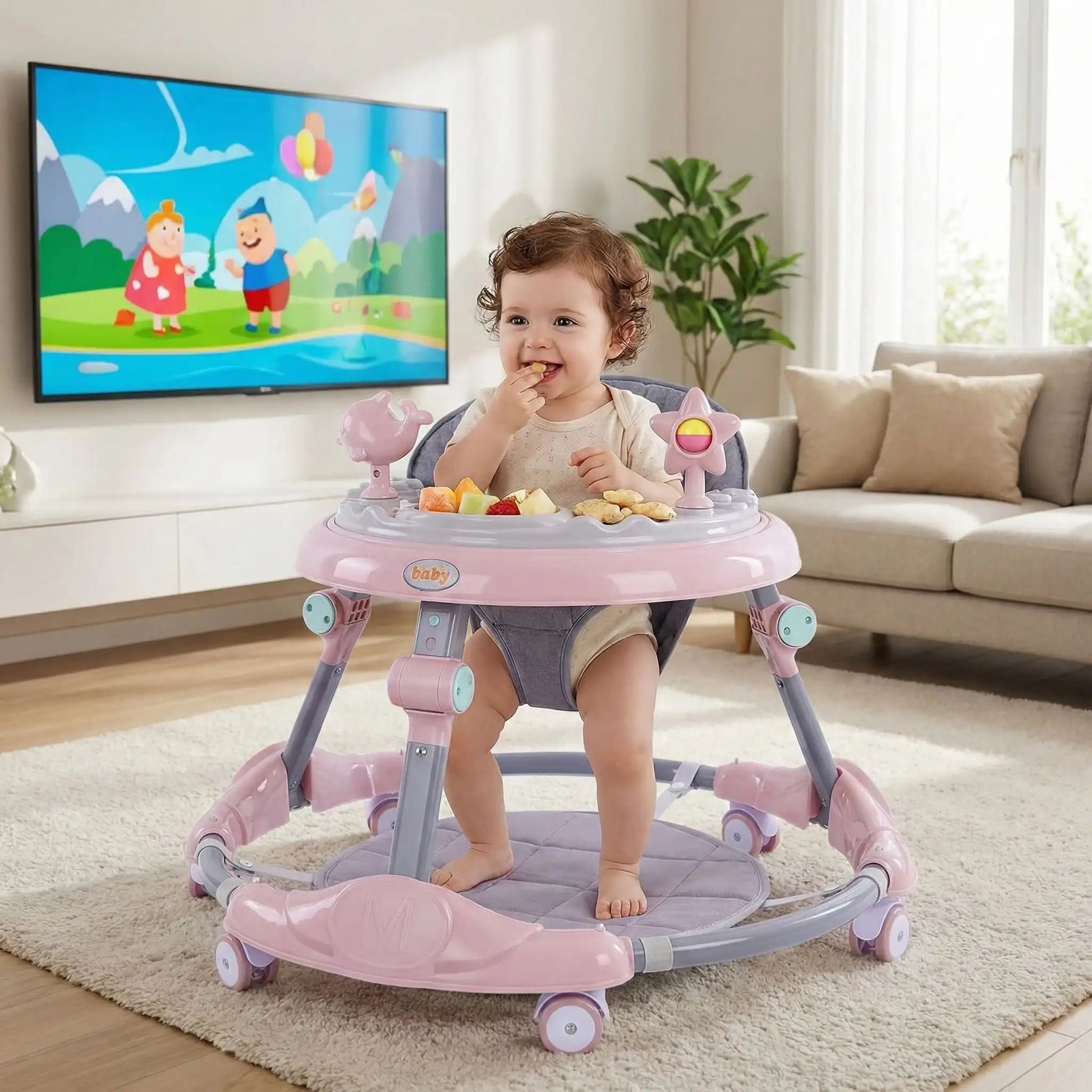 Trotteur bébé fille assise devant la télé en mangeant