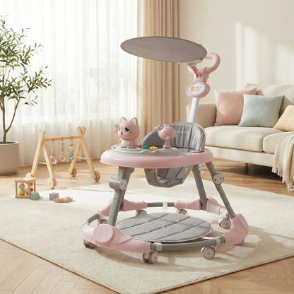 Trotteur bébé fille au sol dans le salon 