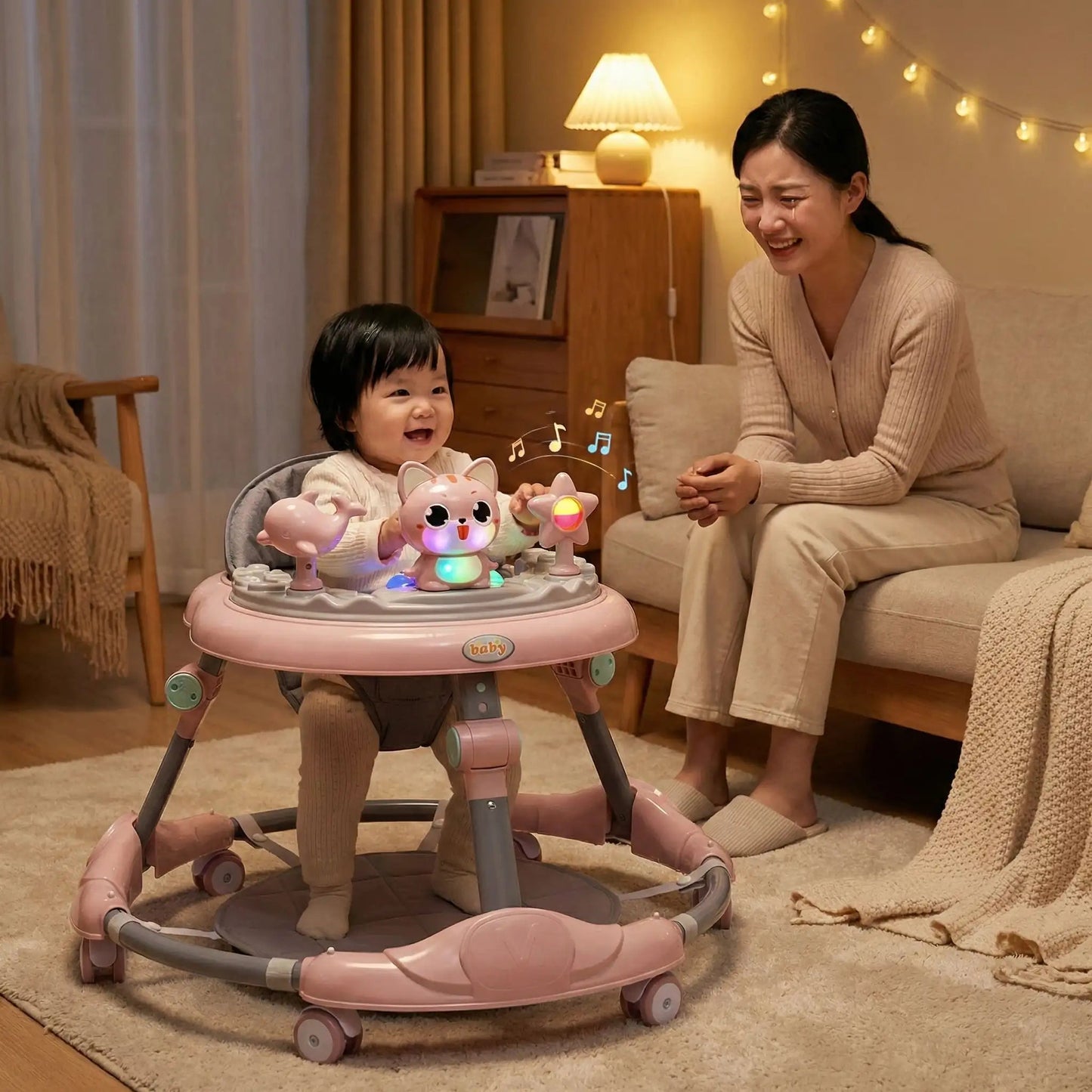 Trotteur bébé fille assise qui écoute de la musique avec sa maman 