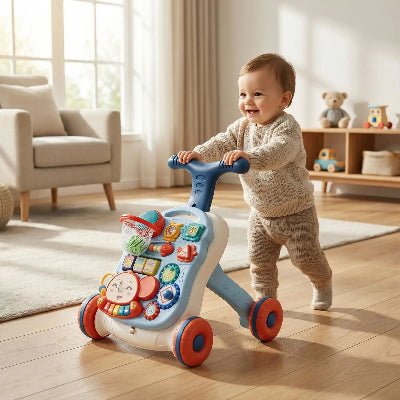 Trotteur bébé avec garçon bleu en mode pousseur pour l'apprentissage de la marche