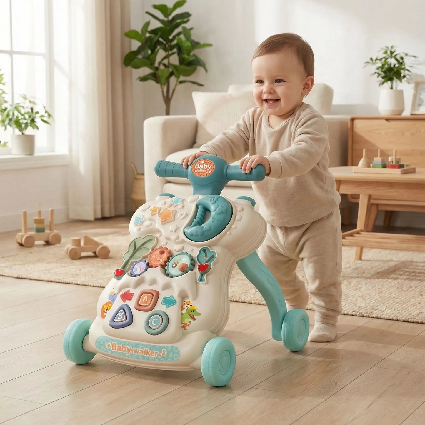 Trotteur bébé garçon marche en souriant