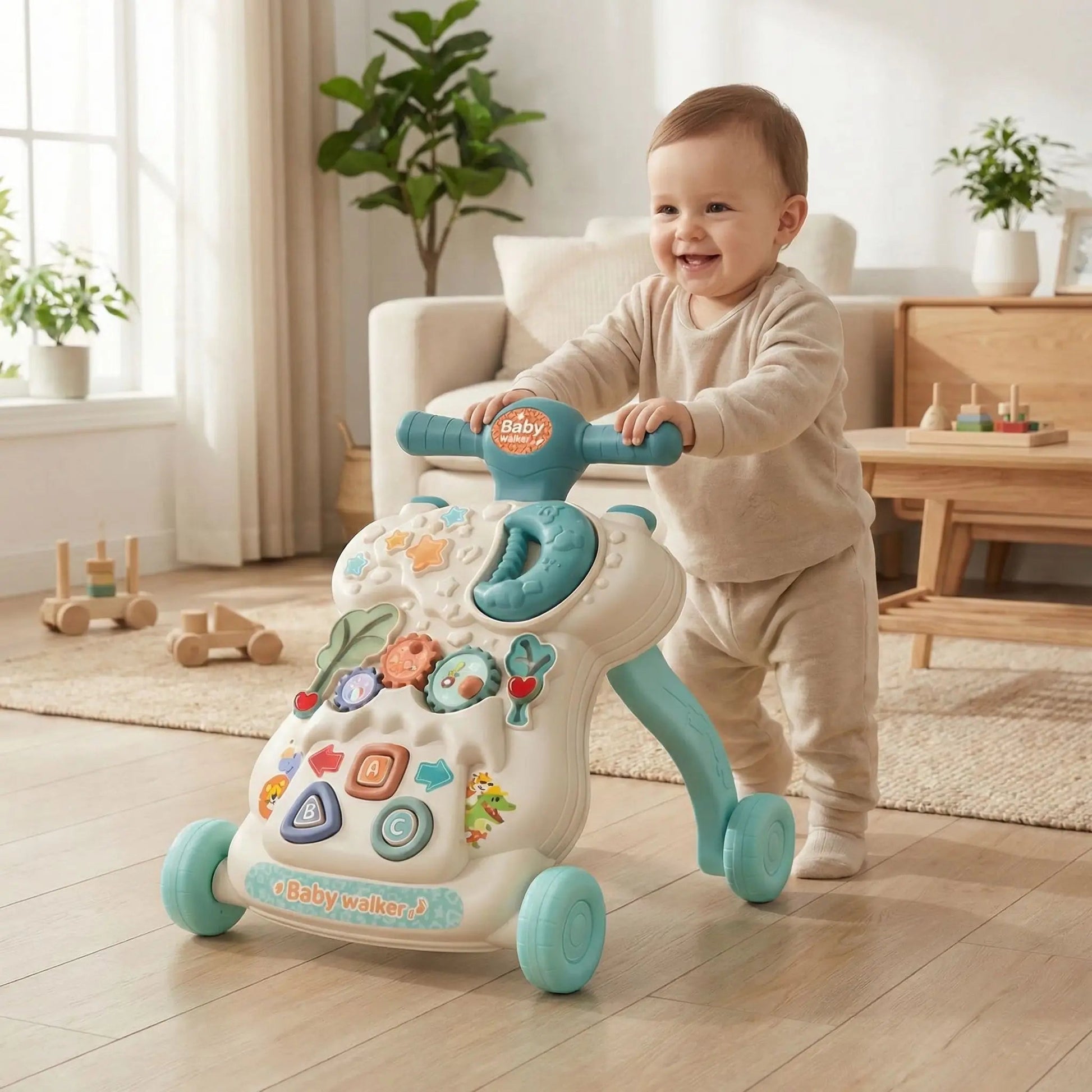 Trotteur bébé garçon marche en souriant