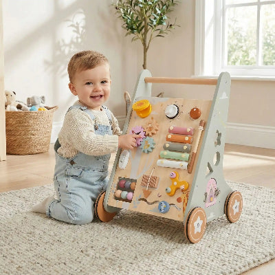 Trotteur en bois bébé à genoux qui joue