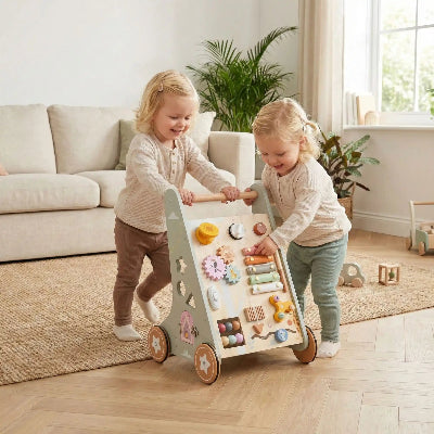 Trotteur en bois deux fillettes qui jouent 